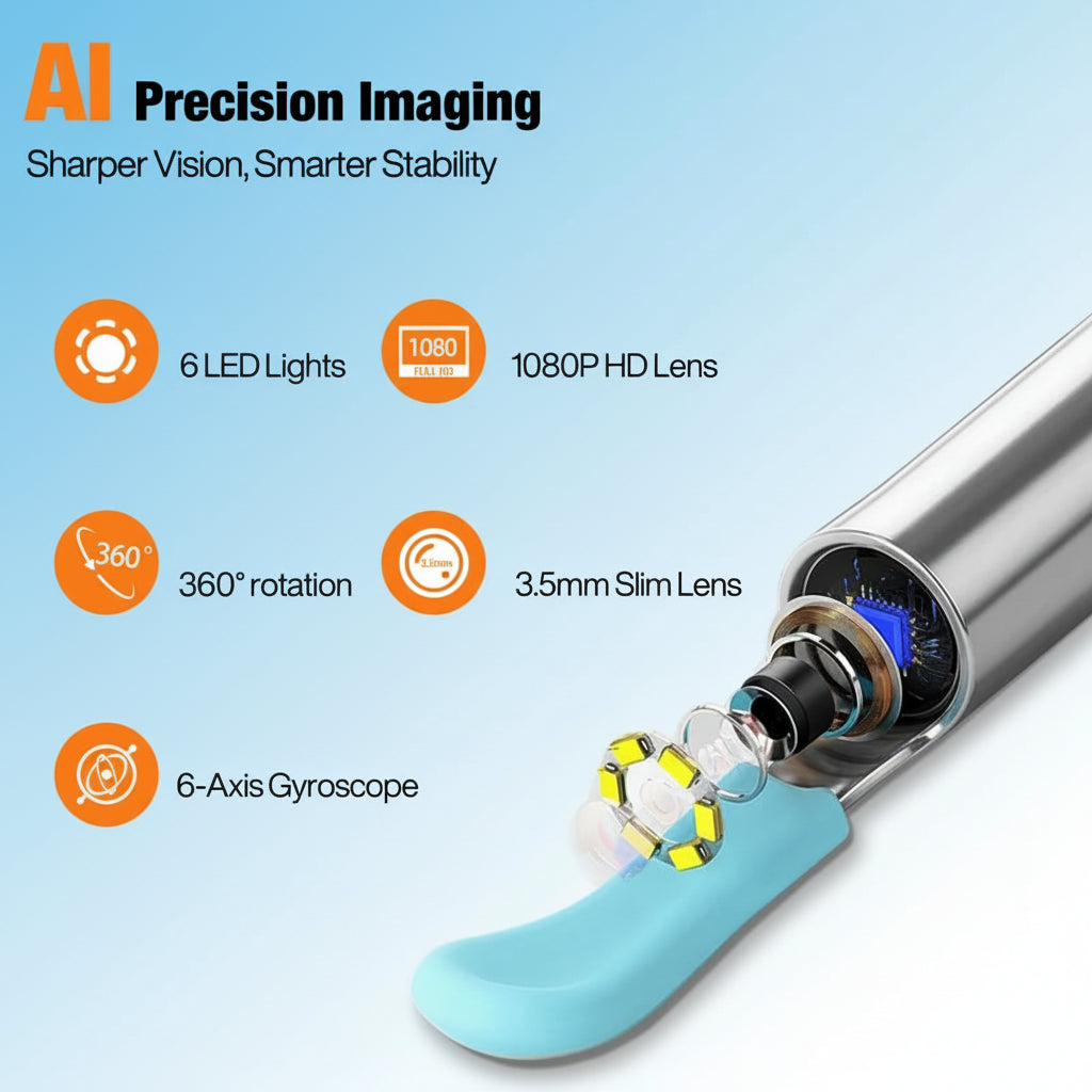 AI Ear Wax Removal Kit with 1080P HD Camera, AI Eardrum Alert, 6-Axis Gyroscope, Waterproof Lens, 230Mah Battery, 8-Piece Ear Cleaning Set, Ios & Android, FSA/HSA Eligible